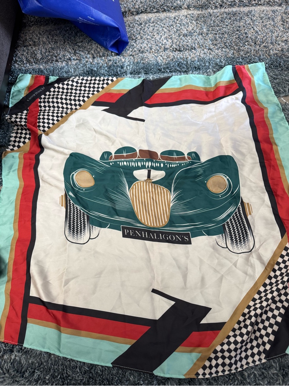 Penhaligon's Teal Vintage Car Print Decorative scarf
